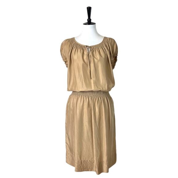Talbots Dress Smocked Blouson Waist Tan 100% Silk Short Sleeve Women’s Medium M - Picture 1 of 12
